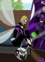 drawing wings blonde black_hair color long_hair blue_eyes sitting phone hawkeye shrunken_woman costume looking_at_viewer belt book helmet cassie_lang marvel_comics stinger kate_bishop batcanuck929