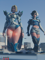 breasts giantess white_hair mega blonde black_hair large_breasts destruction blue_eyes rampage military brown_eyes gloves asian short_hair boots shorts airplane explosion giantesses thighs jacket choker costume earrings leotard x-men thick_thighs emma_frost bare_legs marvel_comics bare_midriff luna_snow jets marvel_rivals