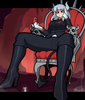 giantess white_hair horns tail clothed red_eyes boots sitting tie suit pants wine throne legs_spread looking_at_tiny helltaker lucifer_(helltaker) muds the_helltaker breasts drawing color high_heels gloves hell
