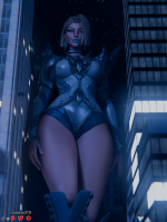 breasts giantess city mega blonde blue_eyes buildings boots mask night thighs costume earrings leotard between_buildings x-men thick_thighs emma_frost looking_at_tiny digital_render bare_legs spider-man marvel_comics jessicagts marvel_rivals
