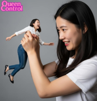handheld asian shrunken_woman cruel breasts black_hair jeans shoes looking_at_tiny ai_art queencontrol
