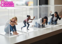 shrunken_woman cruel captured jar blonde black_hair asian dark_skin looking_at_tiny ai_art queencontrol