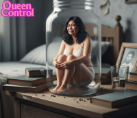 asian shrunken_woman cruel captured breasts black_hair cleavage jar bedroom ai_art queencontrol