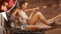 breasts giantess blushing mega destruction shoes brunette zoey sitting uniform shorts drunk cruel indoors top belt dialogue helmet hangar mech looking_at_tiny digital_render bare_legs cutaway env-light