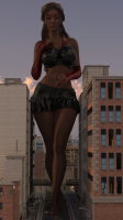 breasts giantess city mega long_hair toes barefoot cleavage bra skirt buildings blood brunette gloves foot_crush dark_skin thighs power_lines running_away purple_nails digital_render bare_legs bare_midriff looking_at_tinies jlwilliams13