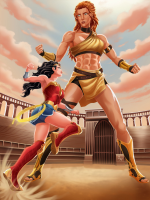 breasts giantess mega black_hair butt armor toes skirt giganta red_hair boots muscles abs fighting thighs fist costume wonder_woman top bracelet tiara lasso arena dc_comics bare_legs bare_midriff jacknapierlauching