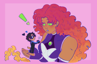 giantess breasts drawing blushing alien black_hair color long_hair handheld green_eyes couple teen_titans gloves red_hair starfire shrunken_man mask flower costume no_background looking_at_tiny dc_comics confused orange_skin nightwing tiredeldritchhorror