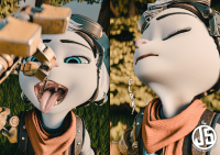 white_hair nude vore furry comic tongue blue_eyes handheld smiling piercings open_mouth dangle outdoors lombax closed_eyes earrings goggles scarf looking_at_tiny digital_render ratchet_and_clank bare_midriff prosthetic_arm ear_piercings rivet js3ds
