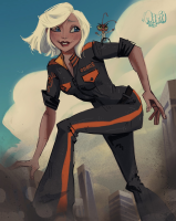 breasts drawing giantess white_hair city mega color destruction blue_eyes buildings green_eyes ginormica short_hair cartoon thighs monsters_vs_aliens freckles belt jumpsuit dust leaning_on_building on_shoulder looking_at_tiny susan_murphy dreamworks doctor_cockroach dumpster2001