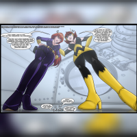 breasts drawing micro color large_breasts long_hair blue_eyes clothed cleavage high_heels green_eyes angry brunette gloves red_hair short_hair boots shrunken_man thighs costume point_of_view lostperras jumpsuit dialogue zipper looking_at_tiny black_widow janet_van_dyne marvel_comics the_wasp bank_vault vault avengers_earths_mightiest_heroes avengers