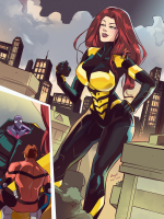 large_breasts breasts drawing giantess city mega color long_hair handheld buildings green_eyes brunette lips gloves red_hair short_hair kneeling muscles skyscraper bodysuit mask lipstick night thighs costume ant-man new_york_city belt stars hands_on_hips on_shoulder looking_at_tiny angelgts mary_jane miles_morales spider-man cutaway the_wasp peter_parker fusion what_if ultimates marvel_comics