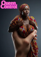 breasts giantess large_breasts cleavage lips shrunken_woman nose looking_at_viewer headband digital_render ai_art handheld dark_skin realistic queencontrol