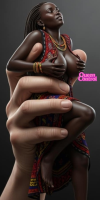 handheld dark_skin realistic queencontrol breasts nipples giantess black_hair long_hair huge_breasts lips shrunken_woman grabbing jewelry rings necklace earrings bracelet breast_grab groping armlet solo_focus ai_art very_dark_skin