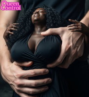 black_hair large_breasts giant male cleavage lips nose grabbing closed_eyes top breast_grab groping solo_focus 1girl very_dark_skin breasts handheld dark_skin realistic queencontrol