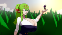 giantess breasts wings long_hair handheld cleavage green_eyes huge_breasts ribbon smiling green_hair ponytail shrunken_woman hair_ribbon cape pointed_ears hair_ornament tiki_(fire_emblem) ydbunny multiple_girls 2girls manakete