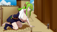 breasts long_hair cleavage green_eyes huge_breasts ribbon knight smiling green_hair ponytail shrunken_man hair_ribbon cape pointed_ears hair_ornament tiki_(fire_emblem) ydbunny 1girl manakete giantess