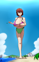 giantess bikini breasts swimsuit blue_eyes beach barefoot cleavage huge_breasts smiling red_hair short_hair day standing boats outdoors sky palm_trees long_legs solo 1girl purple_bikini tiny_beach