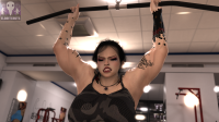 breasts black_hair large_breasts brunette lips short_hair open_mouth indoors closed_eyes necklace top armpits solo 1girl eldritchgts growth exercise lifting gym muscle_growth muscular_female
