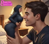 handheld shrunken_woman hijab queencontorl breasts black_hair large_breasts butt giant male smiling lips nose dark_skin indoors tears closed_eyes hoodie hood ai_art 1girl 1boy hetero queencontrol