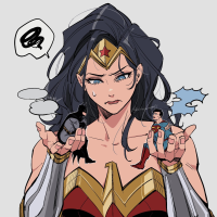 giantess drawing color costume cape tiara no_background dc_comics black_hair long_hair blue_eyes shrinking shrunken_man batman jewelry superman wonder_woman tears grey_background upper_body collarbone squiggle spoken_squiggle