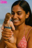 bikini breasts black_hair large_breasts long_hair swimsuit bra brunette smiling lips grin dark_skin nail_polish realistic multiple_girls 2girls giantess beach handheld lesbians shrunken_woman interracial queencontrol