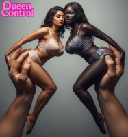 breasts panties black_hair large_breasts long_hair giant male cleavage bra underwear lips nylons dark_skin interracial white_bra multiple_girls ai_art 2girls very_dark_skin handheld shrunken_woman realistic queencontrol