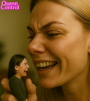 giantess black_hair tongue teeth parody open_mouth realistic multiple_girls ai_art 2girls handheld shrunken_woman cruel terror queencontrol