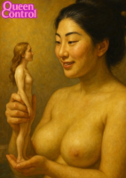 nude handheld asian shrunken_woman ff breasts nipples black_hair large_breasts long_hair brunette smiling lips closed_eyes realistic multiple_girls ai_art medium_breasts queencontrol