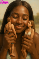 bikini breasts blonde black_hair cleavage shrunken_woman shrunken_man dark_skin looking_at_tinies ai_art handheld couple love cute queencontrol