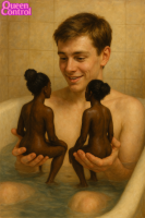 giant male nude handheld bath queencontrol black_hair butt water shrunken_woman dark_skin looking_at_tiny ai_art