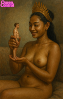 nude handheld queencontrol breasts nipples black_hair cleavage sitting crown looking_at_tiny ai_art