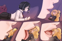 gentle kissing breasts drawing blushing blonde comic black_hair tongue bed saliva ponytail pillow lying_down short_hair shrunken_woman sweater jacket teddy_bear looking_at_tiny veruveru21