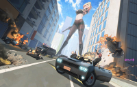 giantess breasts drawing city mega blonde color destruction bra gun high_heels gloves fire explosion vehicles top bare_midriff looking_at_tinies david_dong fighting