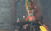 breasts blonde cleavage skirt gloves ponytail fire shrunken_man indoors top belt hammer looking_at_tiny digital_render caddyisraddy bare_midriff anvil goggles blacksmith monster_hunter gemma