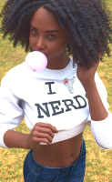 breasts black_hair jeans brown_eyes shrunken_man cruel dark_skin digital_render bubblegum bare_midriff allthesizepuns nerd dreadlocks