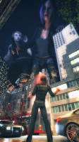 breasts giantess mega blonde blue_eyes handheld jeans purple_hair looming drunk giantesses vehicles night splash jacket tattoo choker beer shirt belt bending_down legs_crossed leaning_on_building ripped_jeans zipper pinched looking_at_tiny digital_render jaxxarus beer_bootle