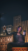 breasts giantess mega black_hair handheld helicopter jeans purple_hair boots drunk vehicles night jacket beer belt stars sitting_on_building police_car ripped_jeans zipper spotlight digital_render hair_streak jaxxarus beer_bootle