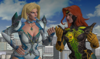 breasts giantess city blonde long_hair blue_eyes cleavage buildings angry gloves red_hair giantesses thighs costume earrings leotard hands_on_hips x-men blue_nails emma_frost digital_render jean_grey bare_legs cyclops marvel_comics roodedude marvel_rivals