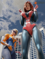 breasts giantess city mega blonde large_breasts long_hair butt crossover cleavage buildings green_eyes gloves red_hair giantesses mask reflection thighs costume giant_girl looking_at_viewer zipper thick_thighs digital_render mary_jane spider-man marvel_comics high_rise earth_20052 ci0