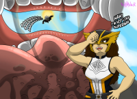costume breasts drawing giantess white_hair vore color long_hair tongue brunette brown_eyes sun muscles open_mouth falling mask dark_skin belt dropped latina dialogue looking_at_tiny dc_comics hawkgirl nikonoir