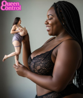 nipples giantess black_hair large_breasts long_hair barefoot cleavage huge_breasts underwear lips lingerie shrunken_woman realistic multiple_girls ai_art 2girls see-through dark_areolae breasts lesbians interracial ff queencontrol