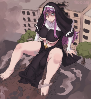 sister_gigant gushing_over_magical_girls giantess breasts crush feet large_breasts long_hair barefoot buildings pink_hair sitting jewelry necklace looking_at_viewer nun habit solo cross_necklace 1girl