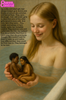 breasts black_hair long_hair water brunette smiling lips closed_eyes realistic ai_art 1boy hetero 2girl nude bath story shrunken_woman ff queencontrol