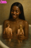 handheld bath dark_skin queencontrol tiny_couple breasts nude black_hair large_breasts cleavage water couple shrunken_woman shrunken_man ai_art