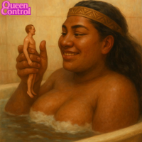 breasts nude black_hair large_breasts long_hair cleavage water asian headband looking_at_tiny ai_art handheld bath shrunken_man queencontrol