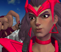 marvel_rivals giantess city mega black_hair crossover buildings brunette brown_eyes fishnets dark_skin choker freckles costume earrings pinched looking_at_tiny zatanna dc_comics marvel_comics scarlet_witch roodedude headdress