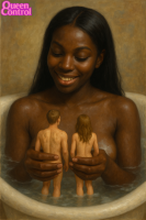 nude handheld bath couple queencontrol breasts giantess black_hair long_hair water brunette smiling lips grin shrunken_woman shrunken_man back dark_skin closed_eyes realistic multiple_girls ai_art medium_breasts very_dark_skin hair_down