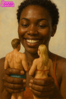 gentle dark_skin curly_hair ai_art ai_generated painterly beachwear handheld smiling couple captured queencontrol