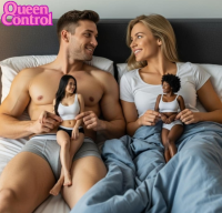 black_hair giant male bed underwear smiling muscles abs shirt top facial_hair realistic ai_art male_underwear couple asian group shrunken_woman dark_skin queencontrol