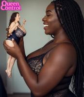black_hair barefoot cleavage huge_breasts brunette bbw lingerie dark_skin ai_art breasts handheld lesbians shrunken_woman queencontrol